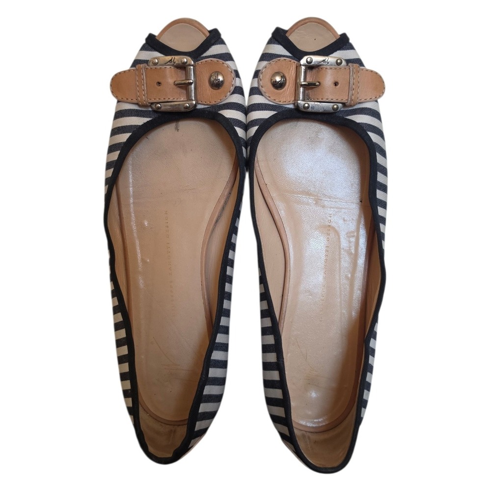 Giuseppe Zanotti Ballet Flat Nautical Striped Black White Peep Buckle Strap 9.5
